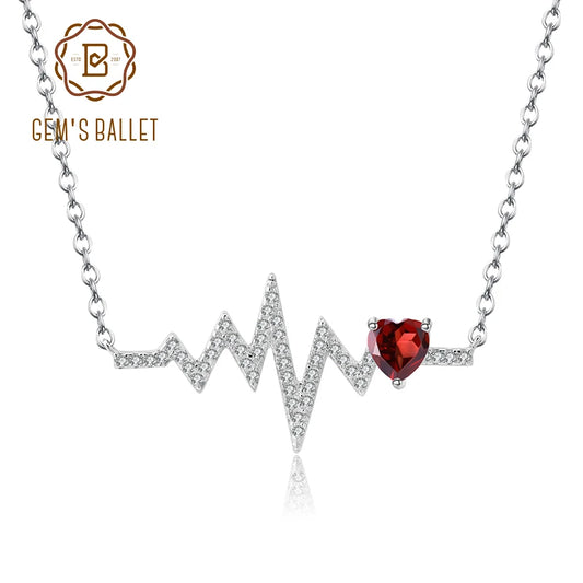 GEM'S BALLET 58514K 10K 18K Gold 925 Silver Necklace Natural Red Garnet Heartbeat Love Pendant Necklace for Women Wedding